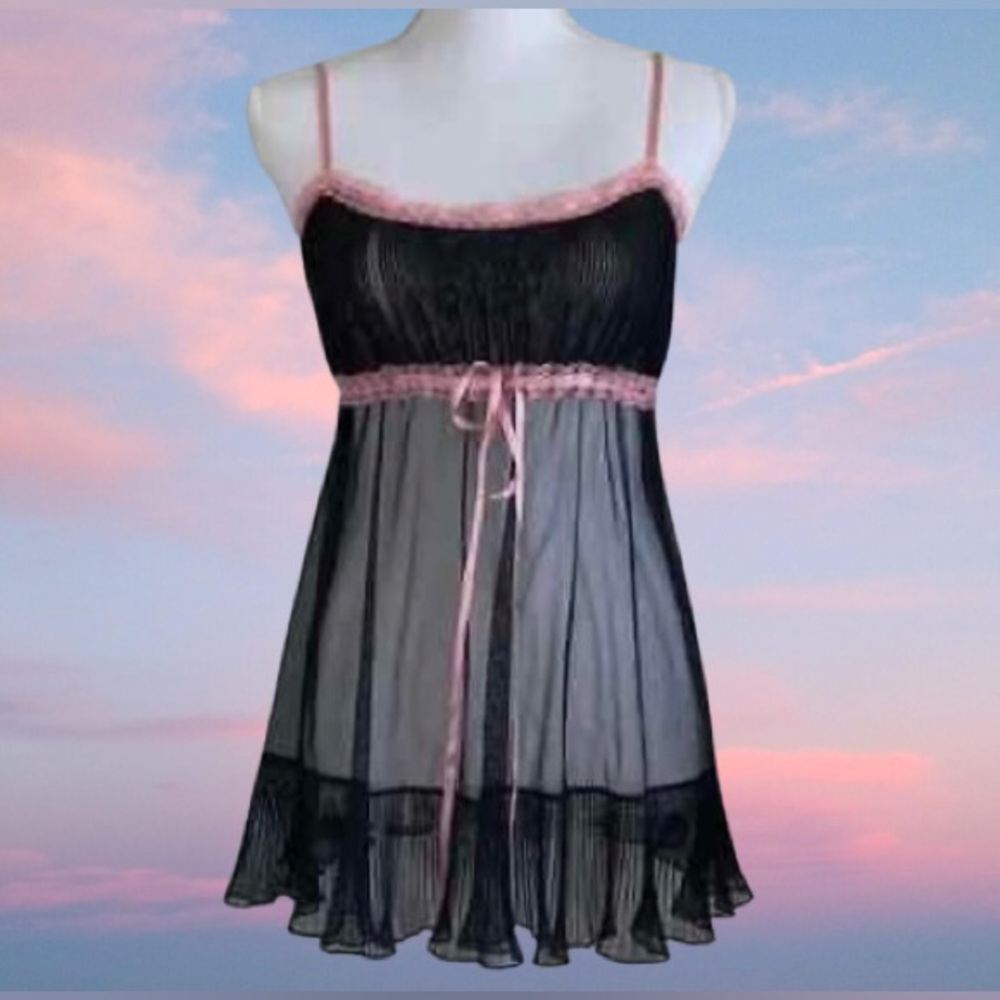 Vintage Victorias Secret Y2K Mesh Black Pink Pleated Babydoll Camisole Dress!